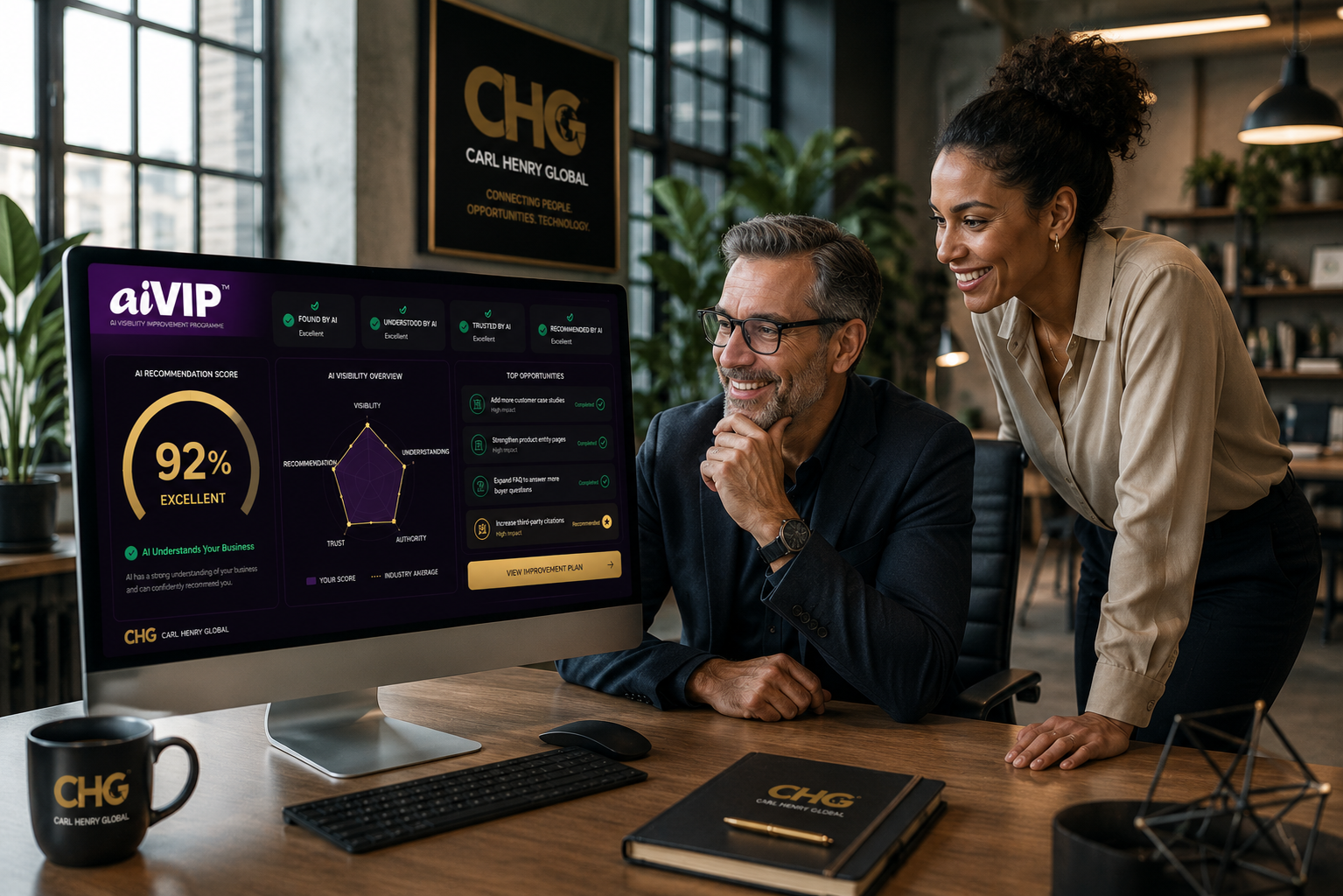 Business colleagues reviewing the aiVIP dashboard together
